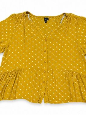 L O V Mustard Polka Dot XL Peplum Blouse V NeckPuff Sleeve Button Front Viscose